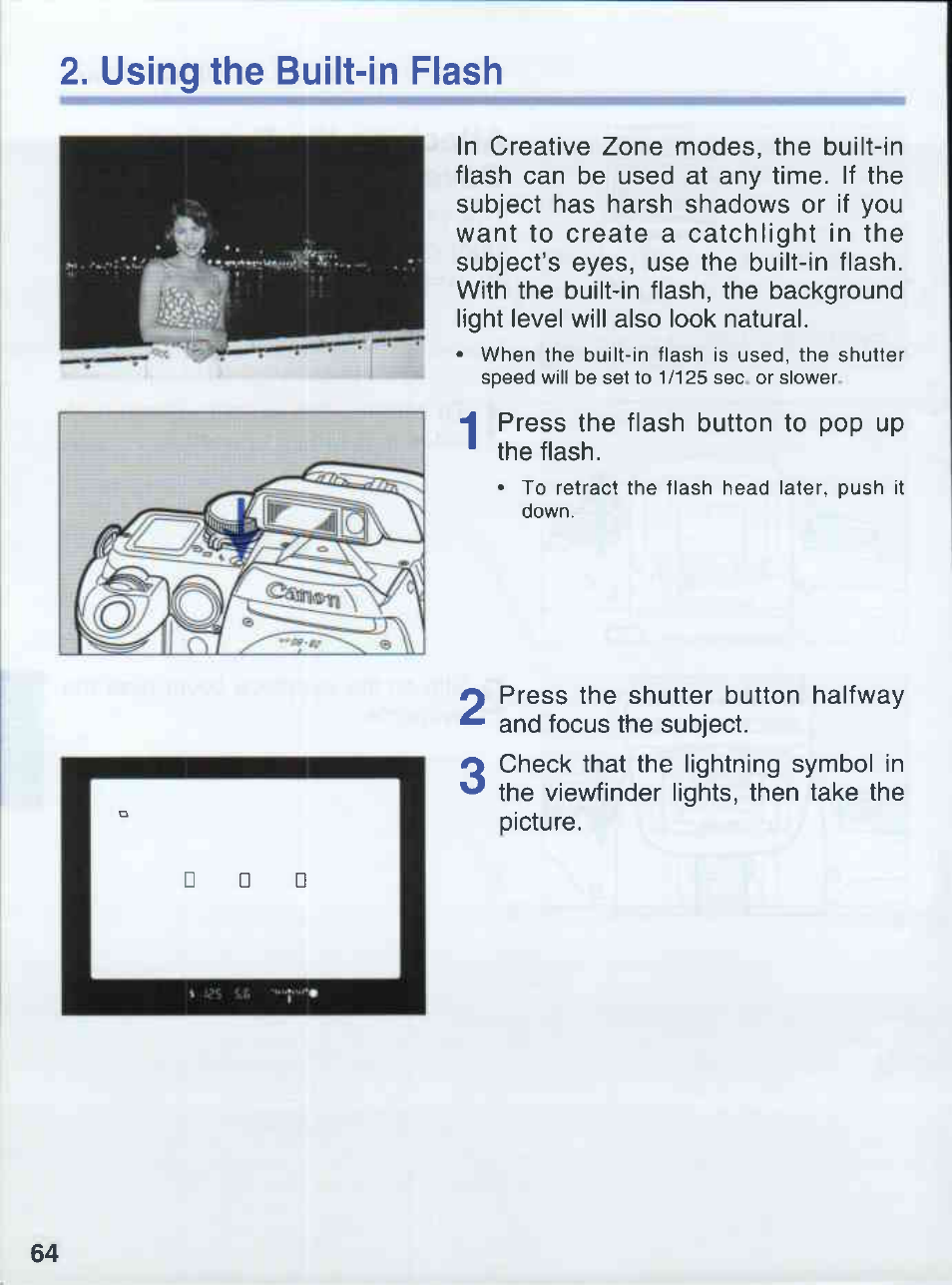 Using the built-in flash | Canon EOS 50E User Manual | Page 64 / 100
