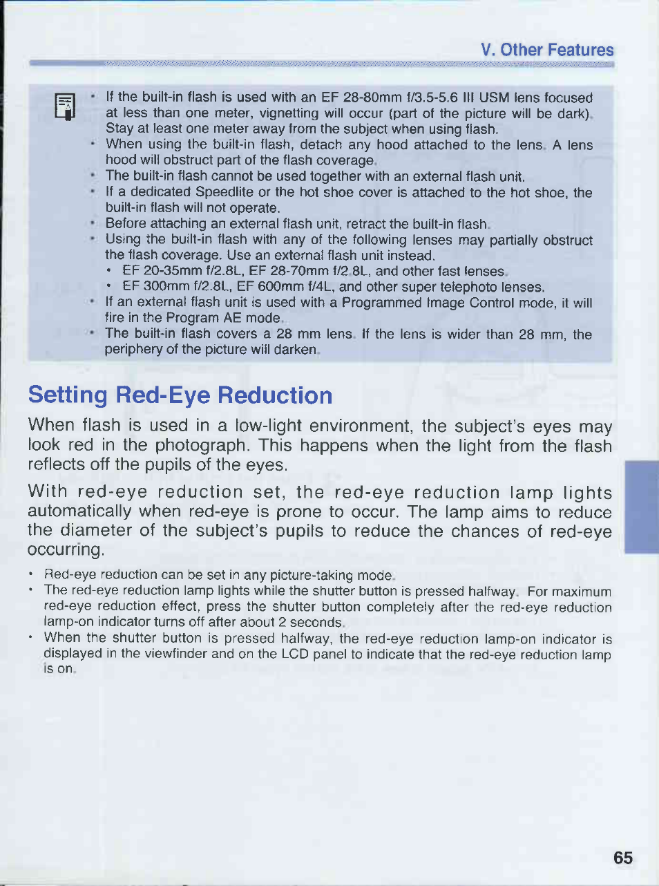 Setting red-eye reduction, Red-eye reduction | Canon EOS 50E User Manual | Page 65 / 100