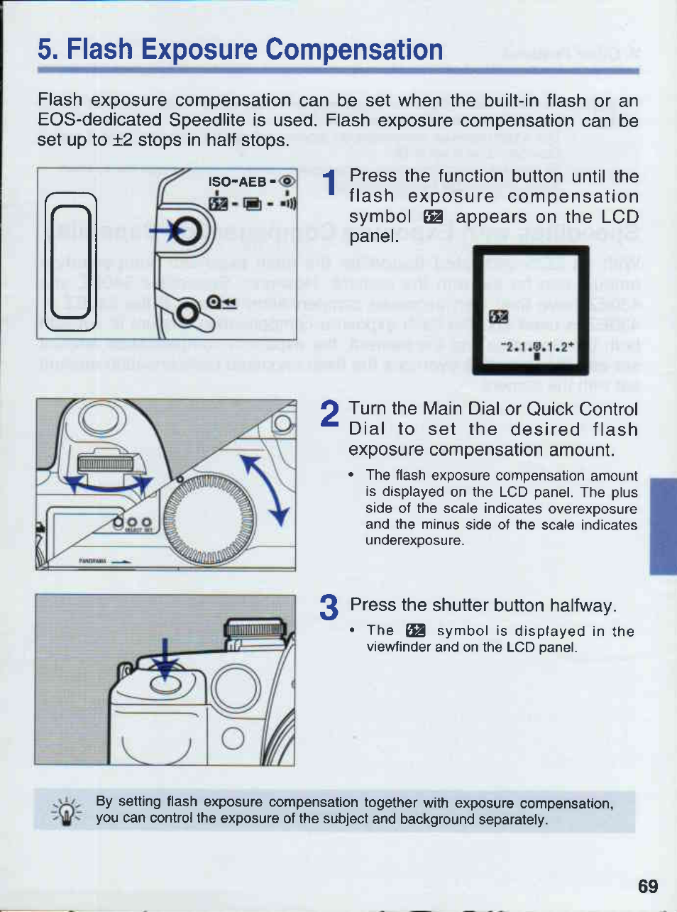 Flash exposure compensation | Canon EOS 50E User Manual | Page 69 / 100