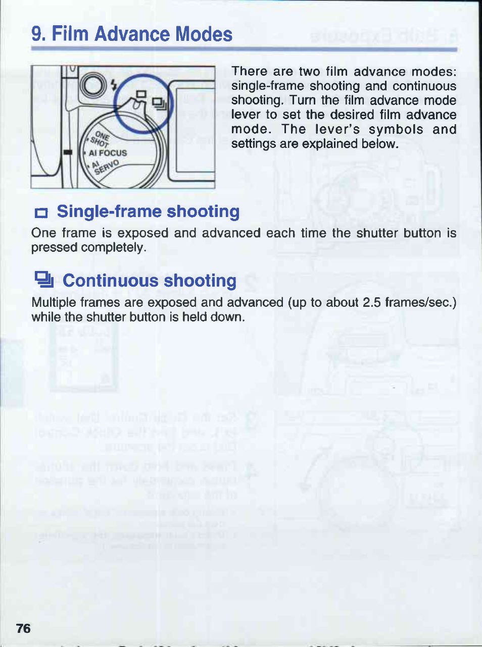Film advance modes, A single-frame shooting, Continuous shooting | Canon EOS 50E User Manual | Page 76 / 100