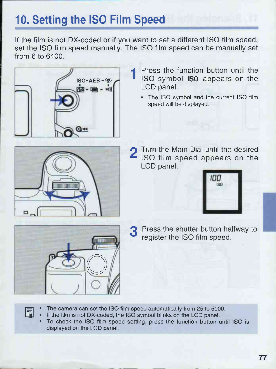 Setting the iso film speed, To setting the isq film speed | Canon EOS 50E User Manual | Page 77 / 100