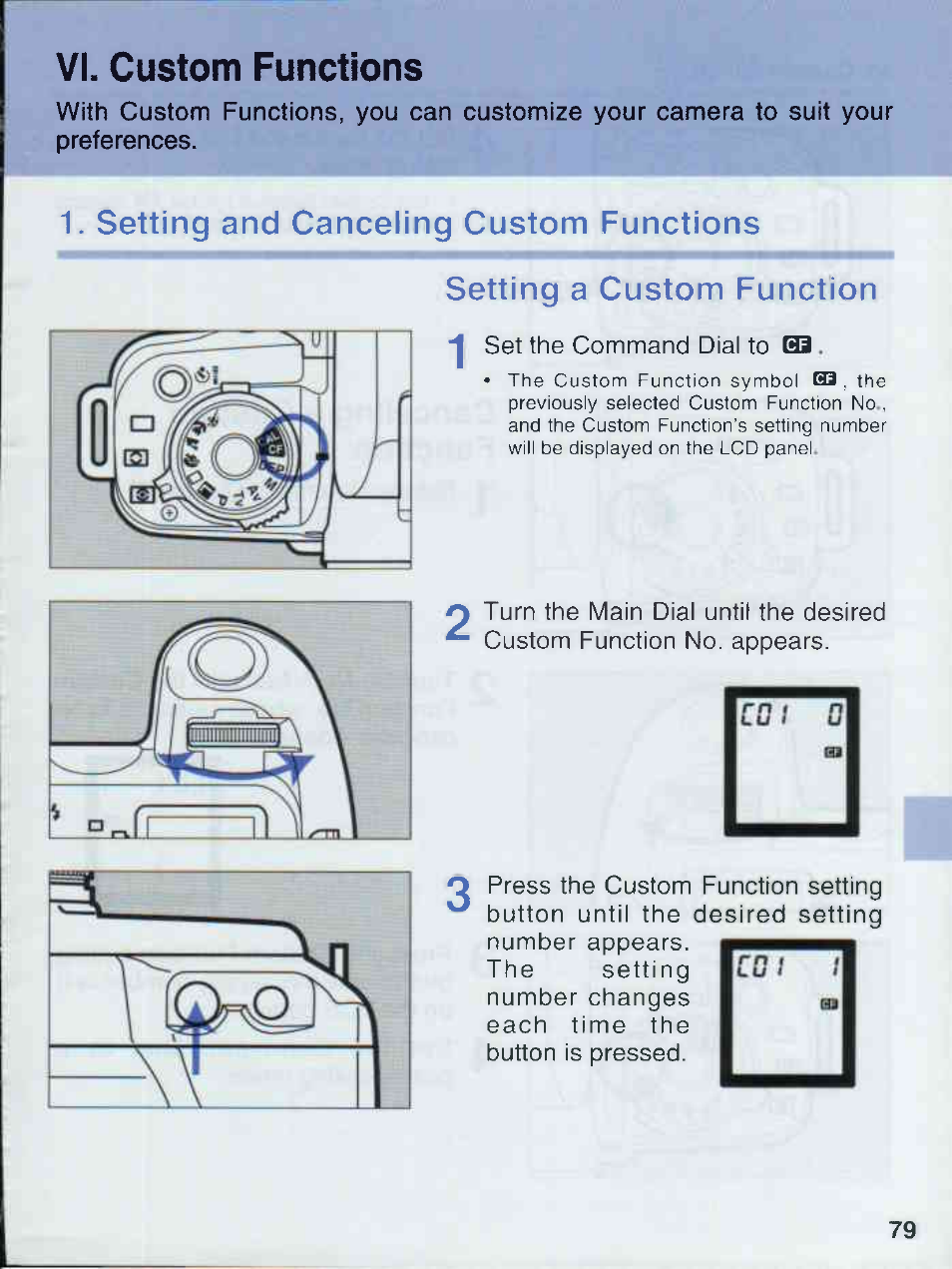 Vi. custom functions, Setting and canceling custom functions, Setting a custom function | Canon EOS 50E User Manual | Page 79 / 100
