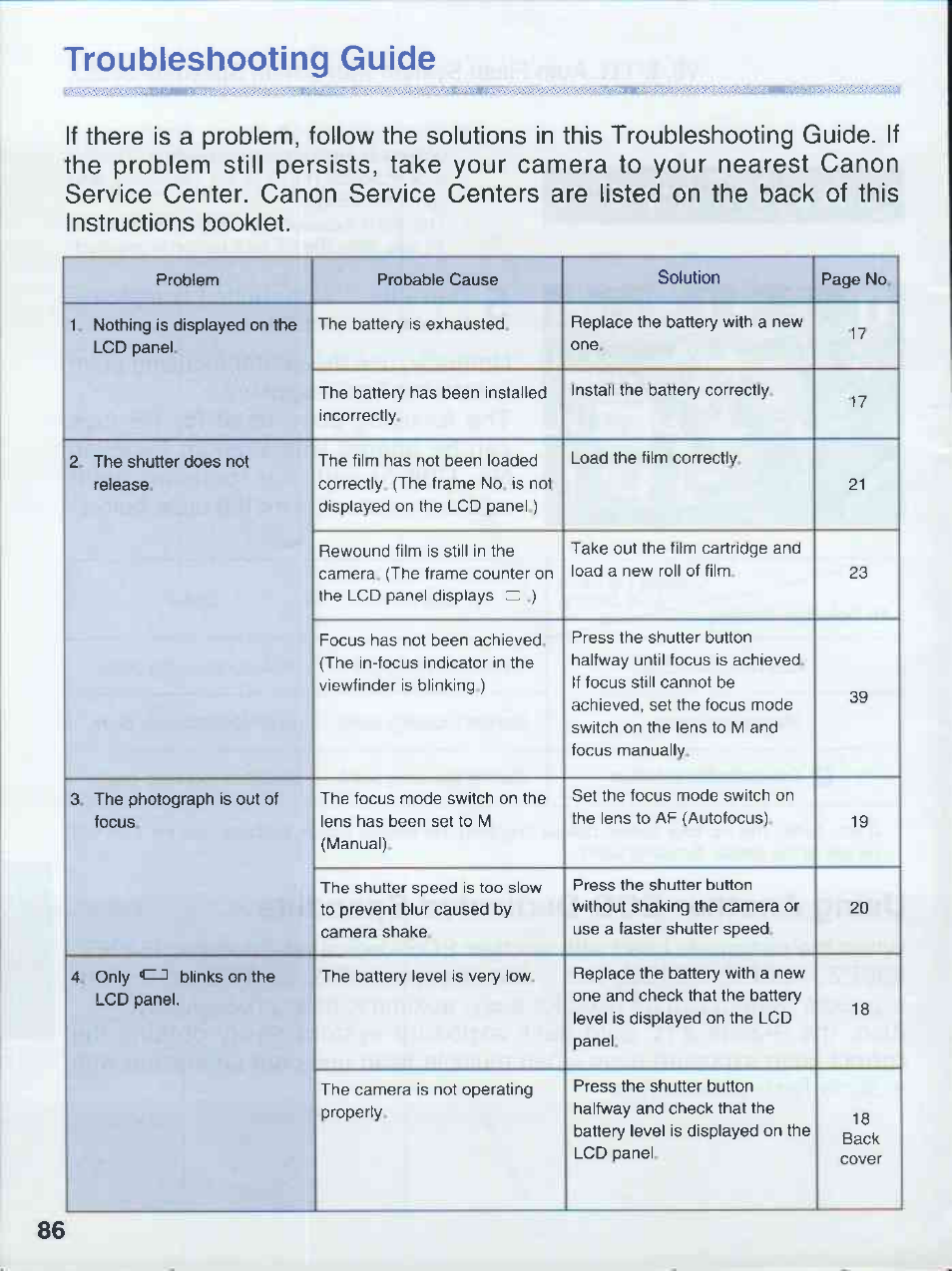 Troubleshooting guide | Canon EOS 50E User Manual | Page 86 / 100