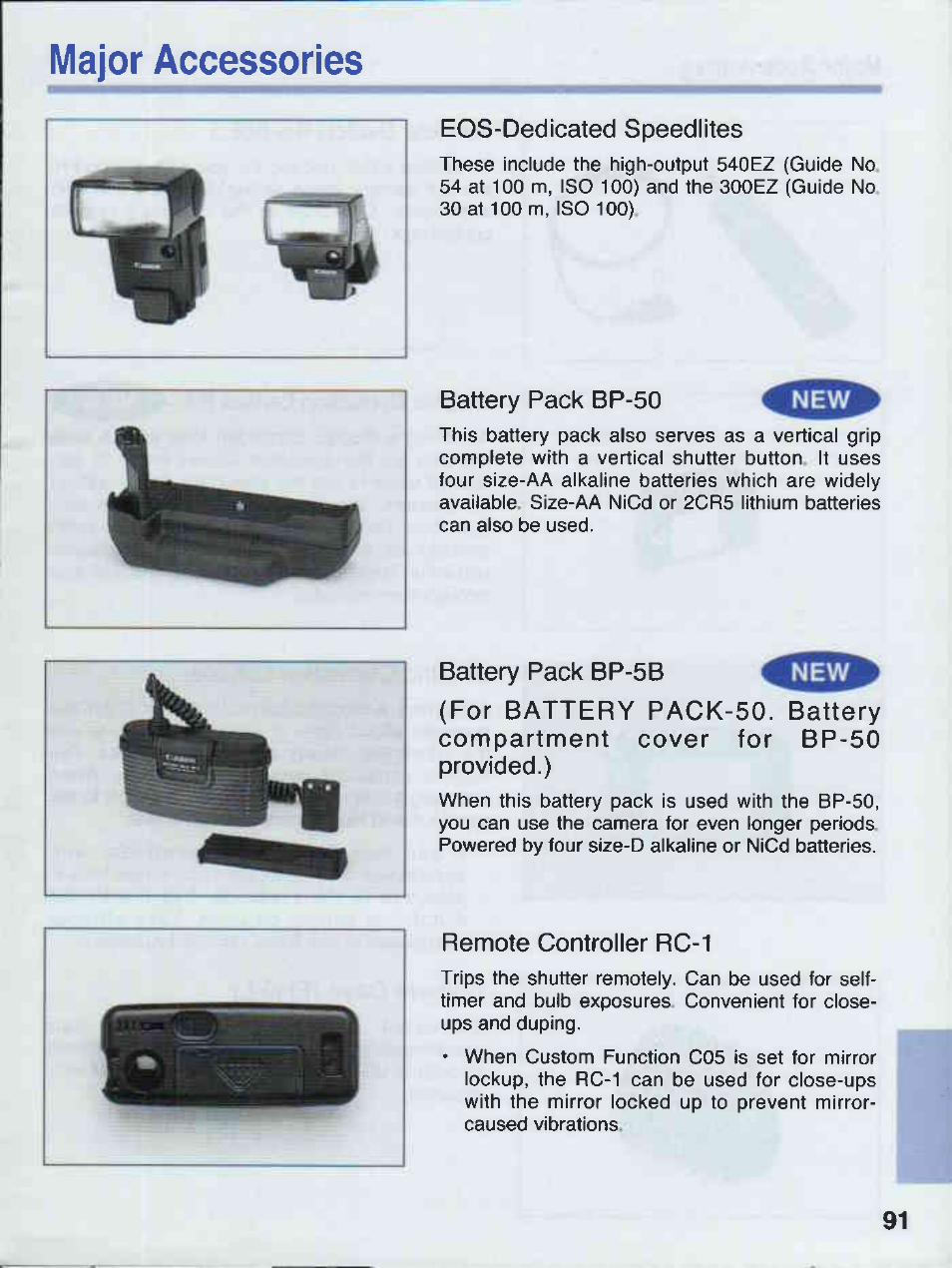 Major accessories, Eos-dedicated speedlites, Battery pack bp-50 | Battery pack bp-5b, Remote controller rc-1 | Canon EOS 50E User Manual | Page 91 / 100