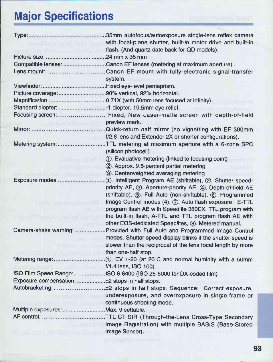 Major specifications | Canon EOS 50E User Manual | Page 93 / 100