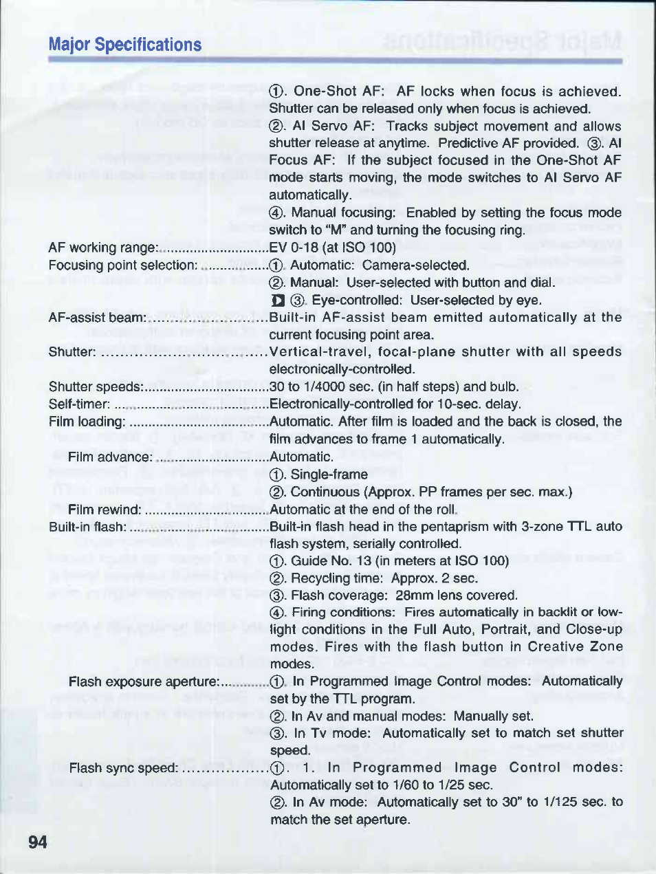Major specifications | Canon EOS 50E User Manual | Page 94 / 100