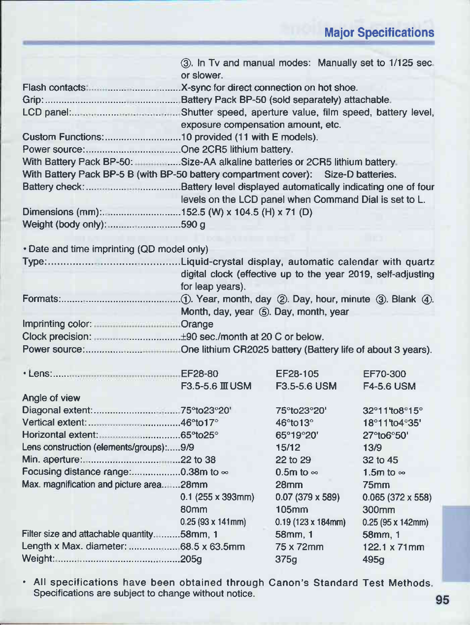 Major specifications | Canon EOS 50E User Manual | Page 95 / 100