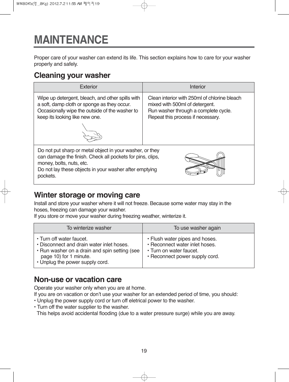 Maintenance, Cleaning your washer winter storage or moving care, Non-use or vacation care | Campomatic WM80K User Manual | Page 19 / 46