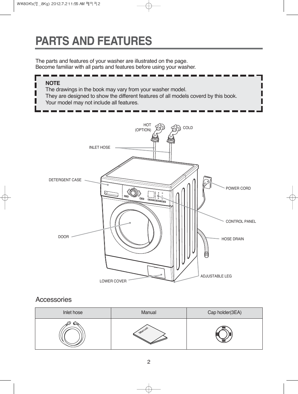 Parts and features, Accessories | Campomatic WM80K User Manual | Page 2 / 46