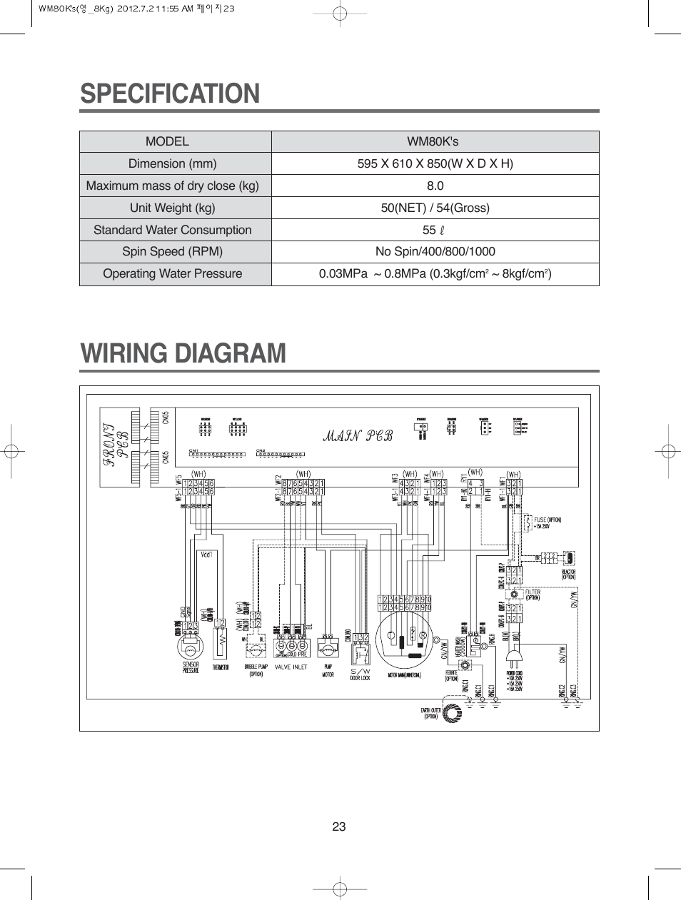 Specification wiring diagram | Campomatic WM80K User Manual | Page 23 / 46