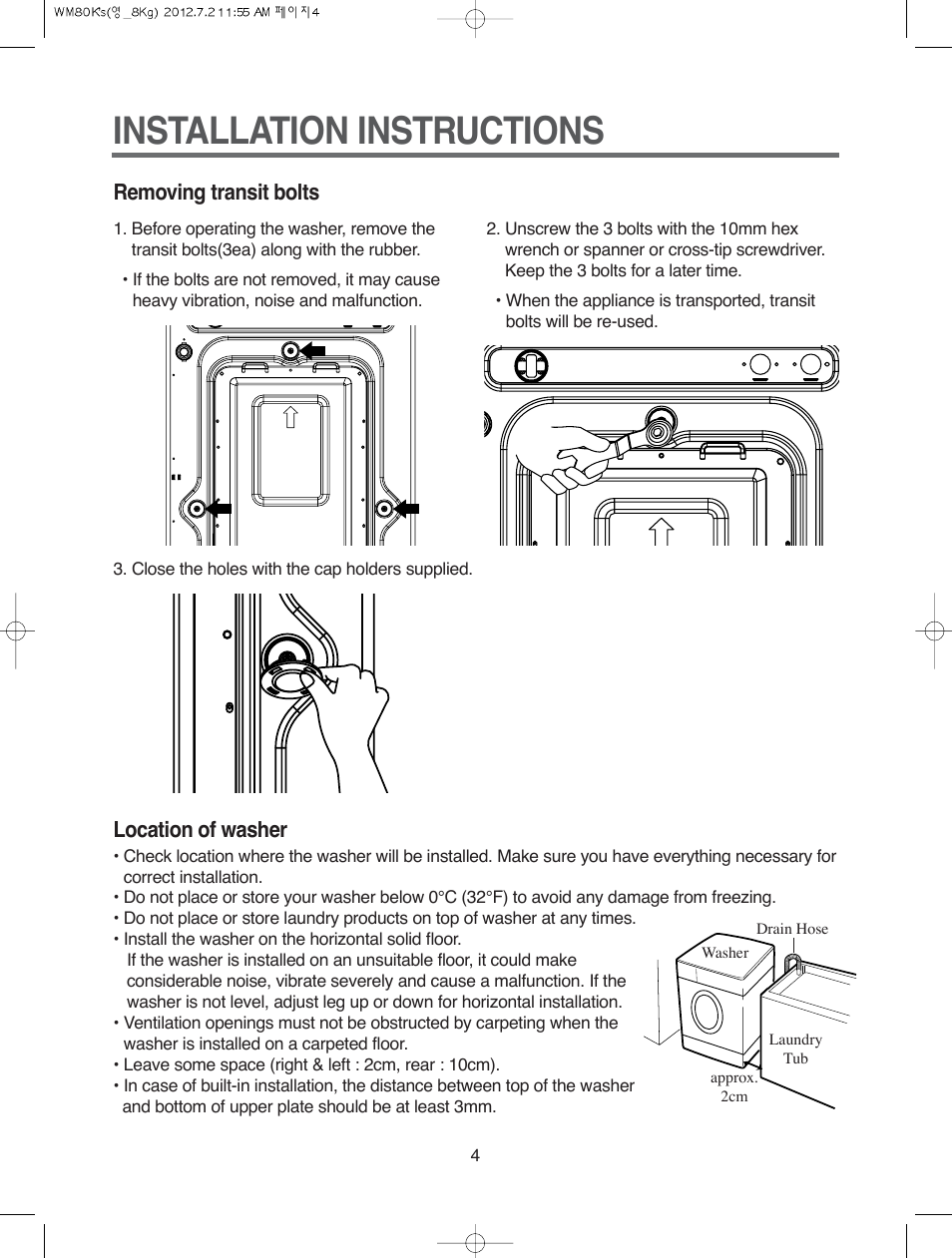Installation instructions, Removing transit bolts, Location of washer | Campomatic WM80K User Manual | Page 4 / 46