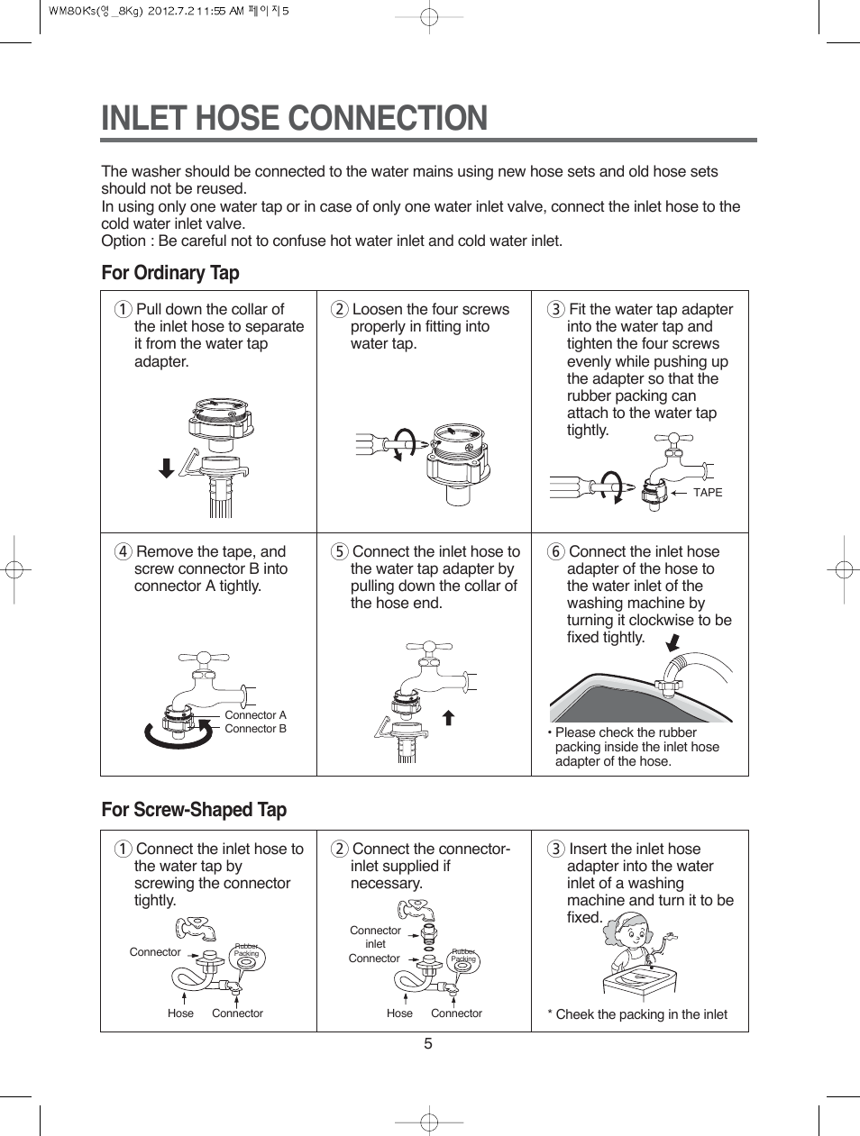 Inlet hose connection, For ordinary tap, For screw-shaped tap | Campomatic WM80K User Manual | Page 5 / 46