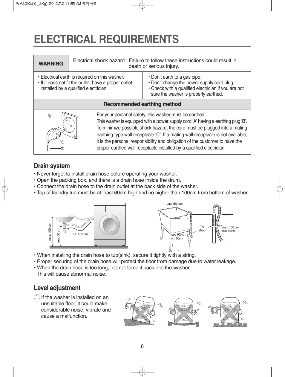 Electrical requirements, Drain system, Level adjustment | Campomatic WM80K User Manual | Page 6 / 46