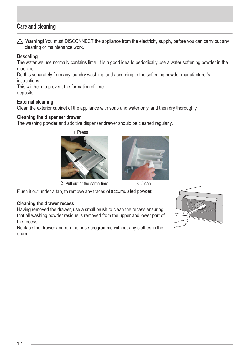 页 12, Care and cleaning | Campomatic WM950XE User Manual | Page 12 / 21