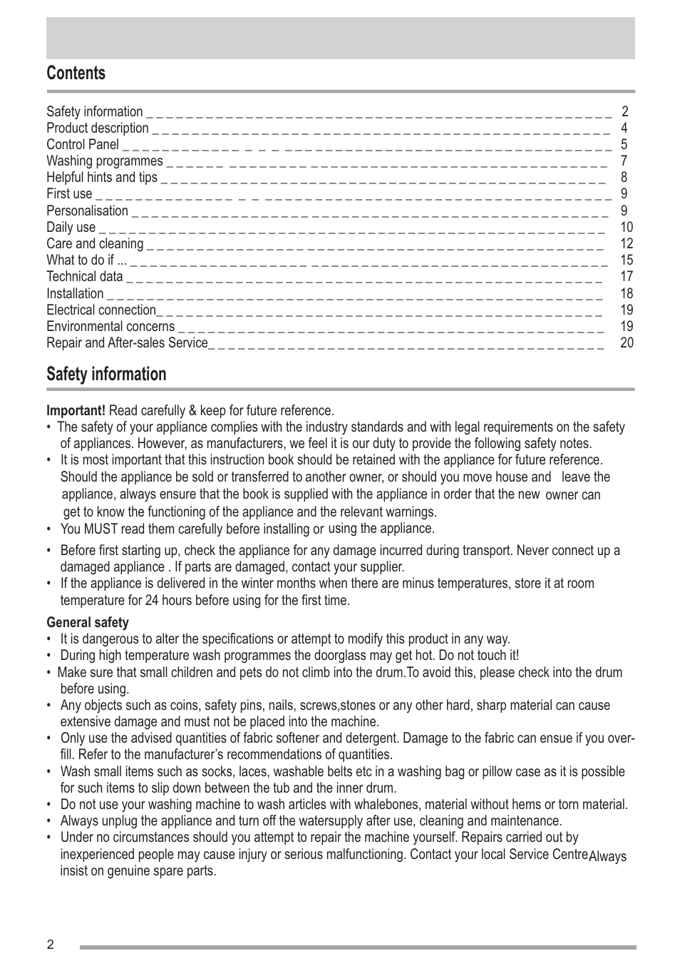 Contents safety information | Campomatic WM950XE User Manual | Page 2 / 21