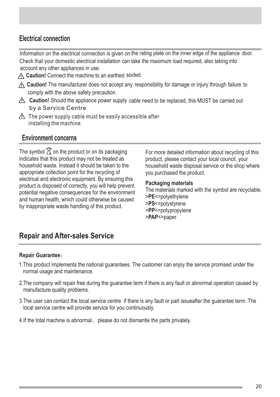 页 20, Repair and after-sales service, Environment concerns | Electrical connection | Campomatic WM950XE User Manual | Page 20 / 21