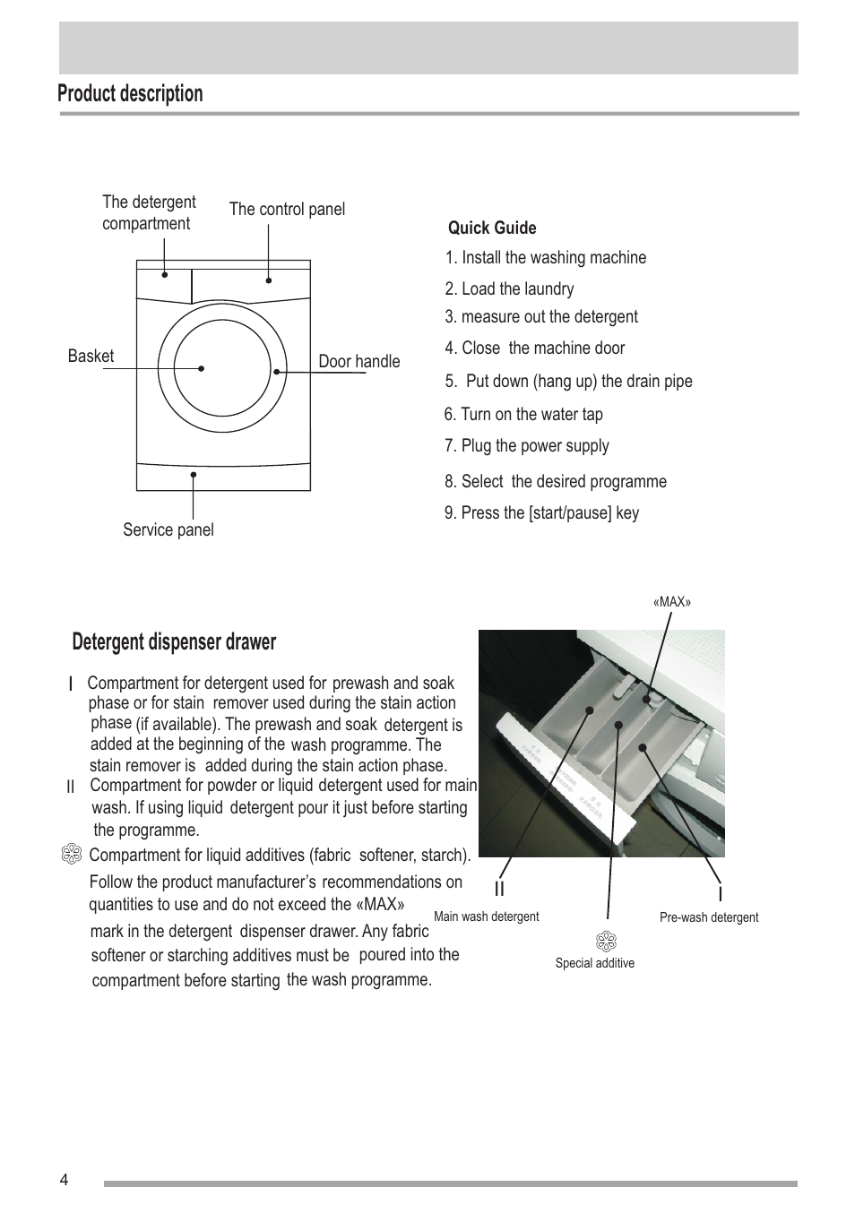 Product description, Detergent dispenser drawer | Campomatic WM950XE User Manual | Page 4 / 21