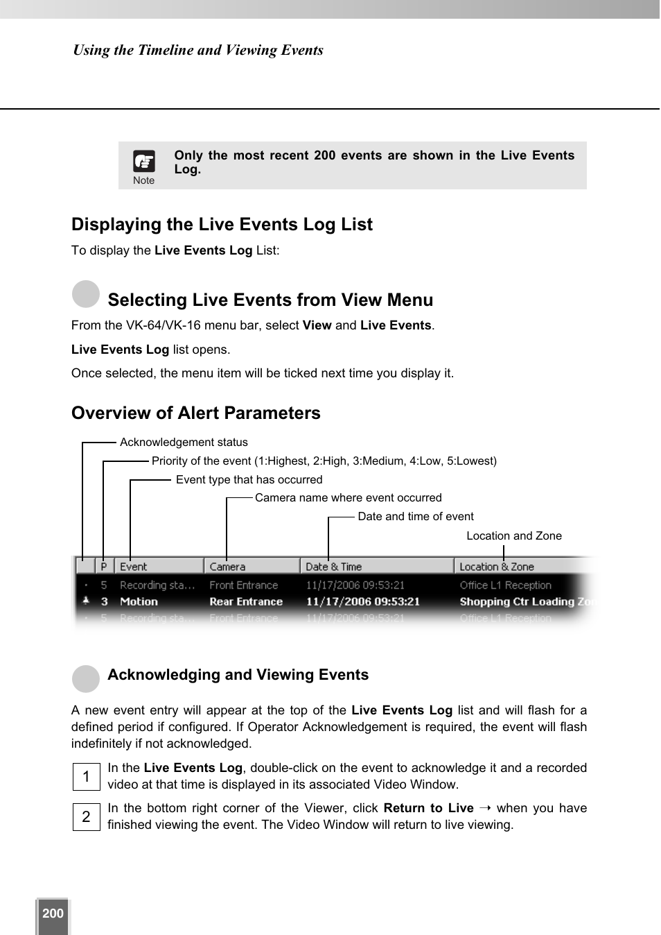 Displaying the live events log list, Selecting live events from view menu, Overview of alert parameters | Canon VK-64 User Manual | Page 200 / 282