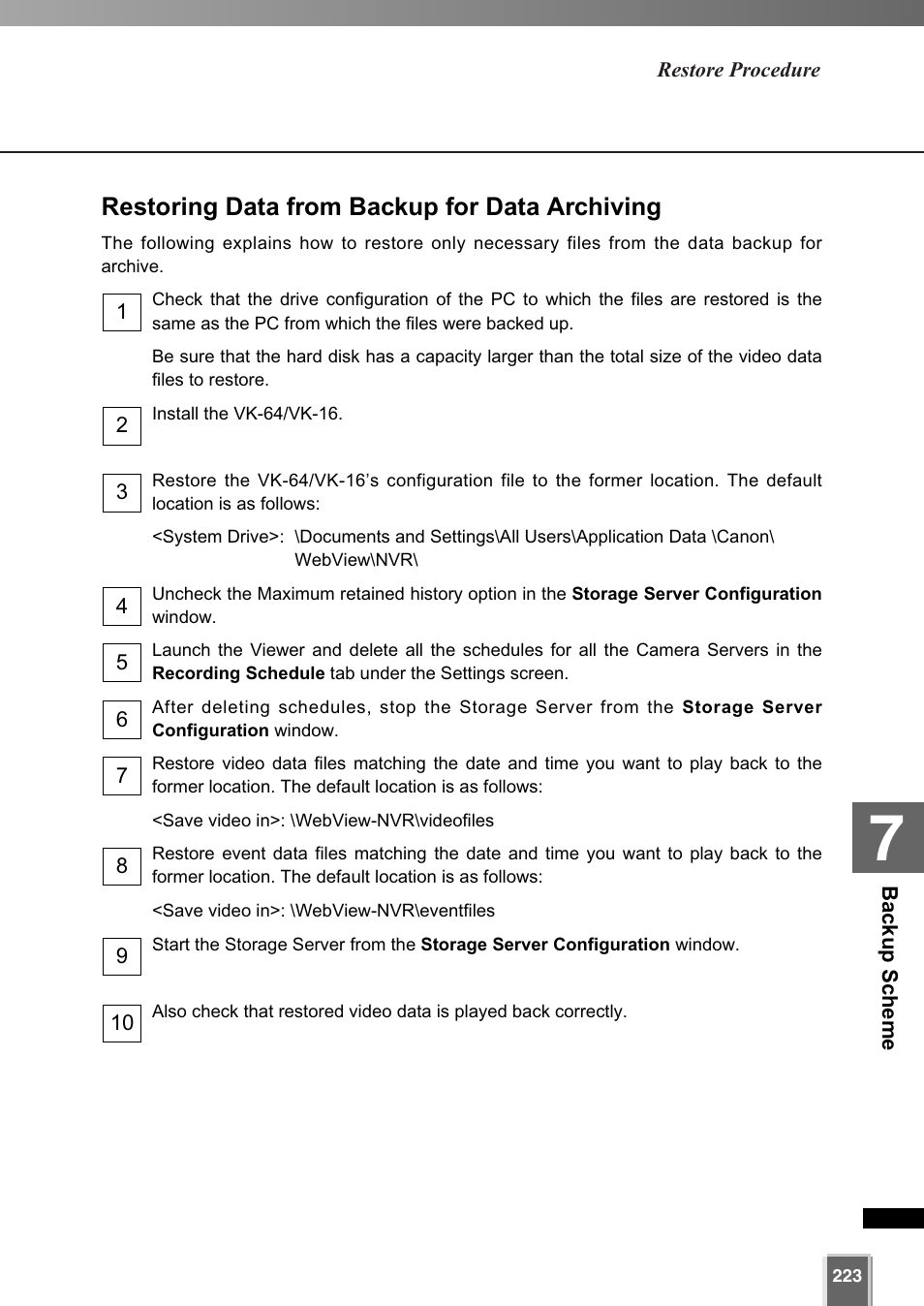 Restoring data from backup for data archiving | Canon VK-64 User Manual | Page 223 / 282