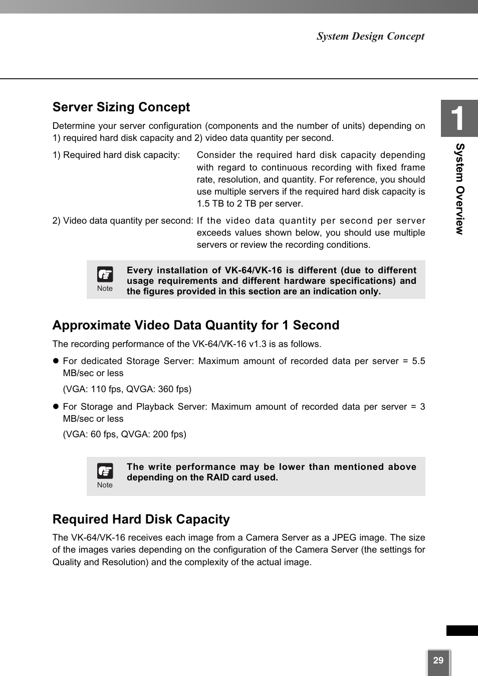 Server sizing concept, Approximate video data quantity for 1 second, Required hard disk capacity | Canon VK-64 User Manual | Page 29 / 282