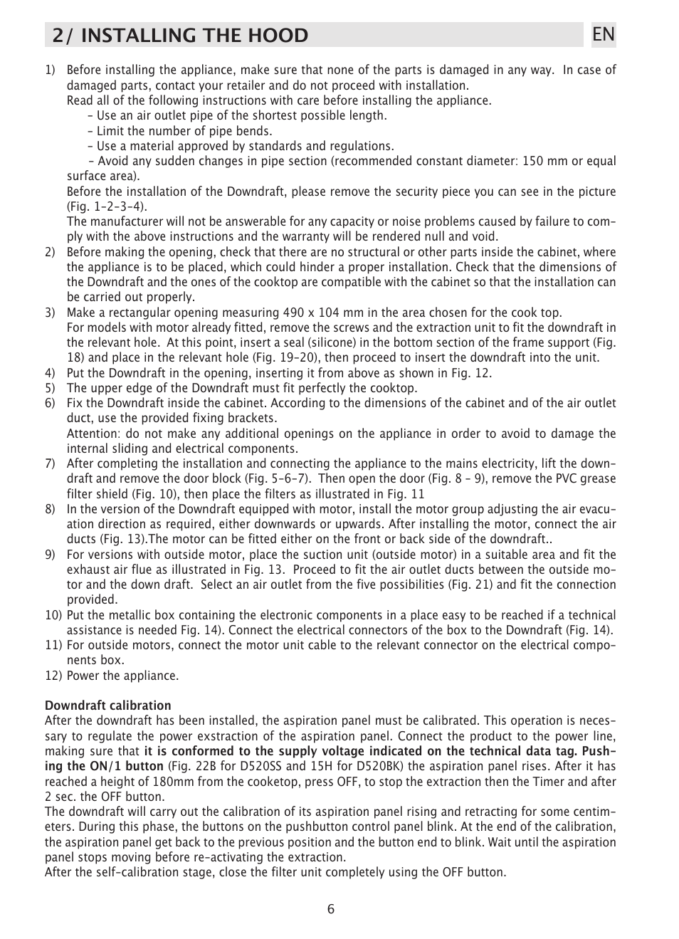 2/ installing the hood en | Caple DD520BK User Manual | Page 6 / 20