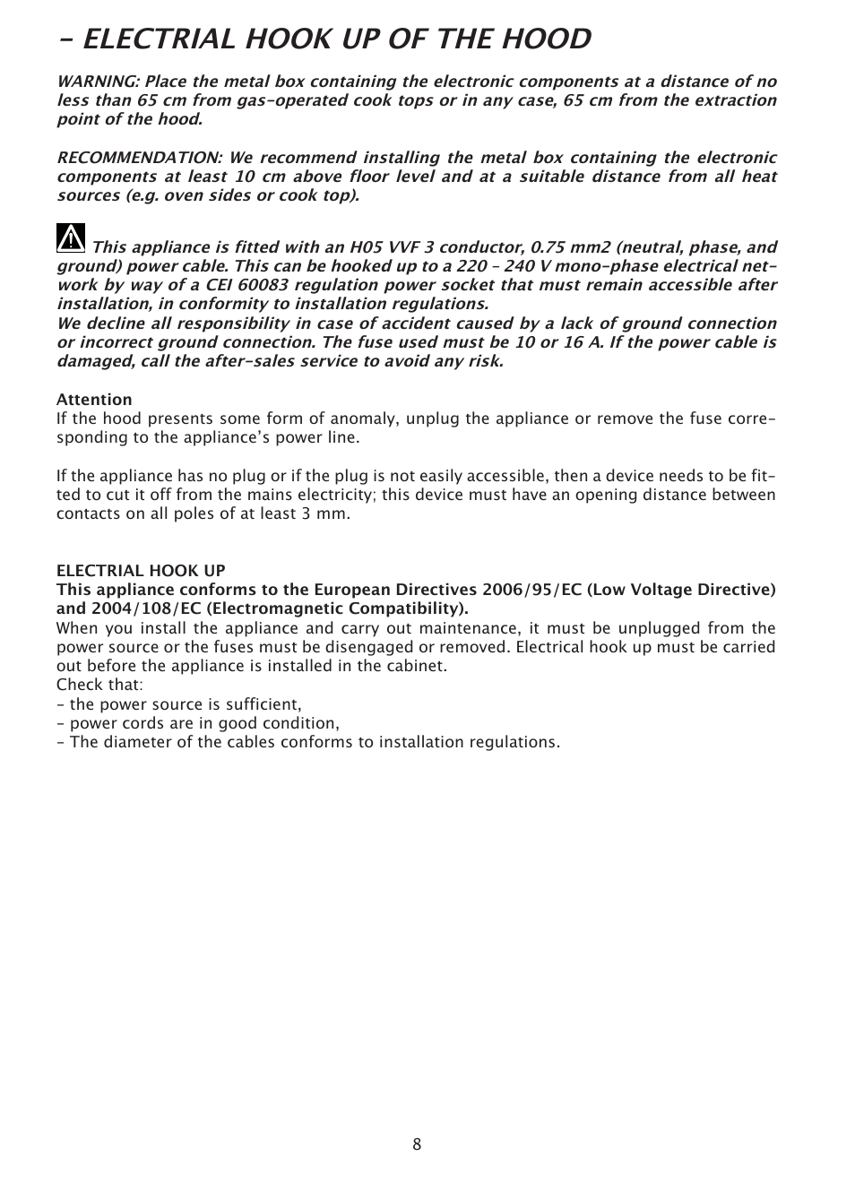 Electrial hook up of the hood | Caple DD520BK User Manual | Page 8 / 20