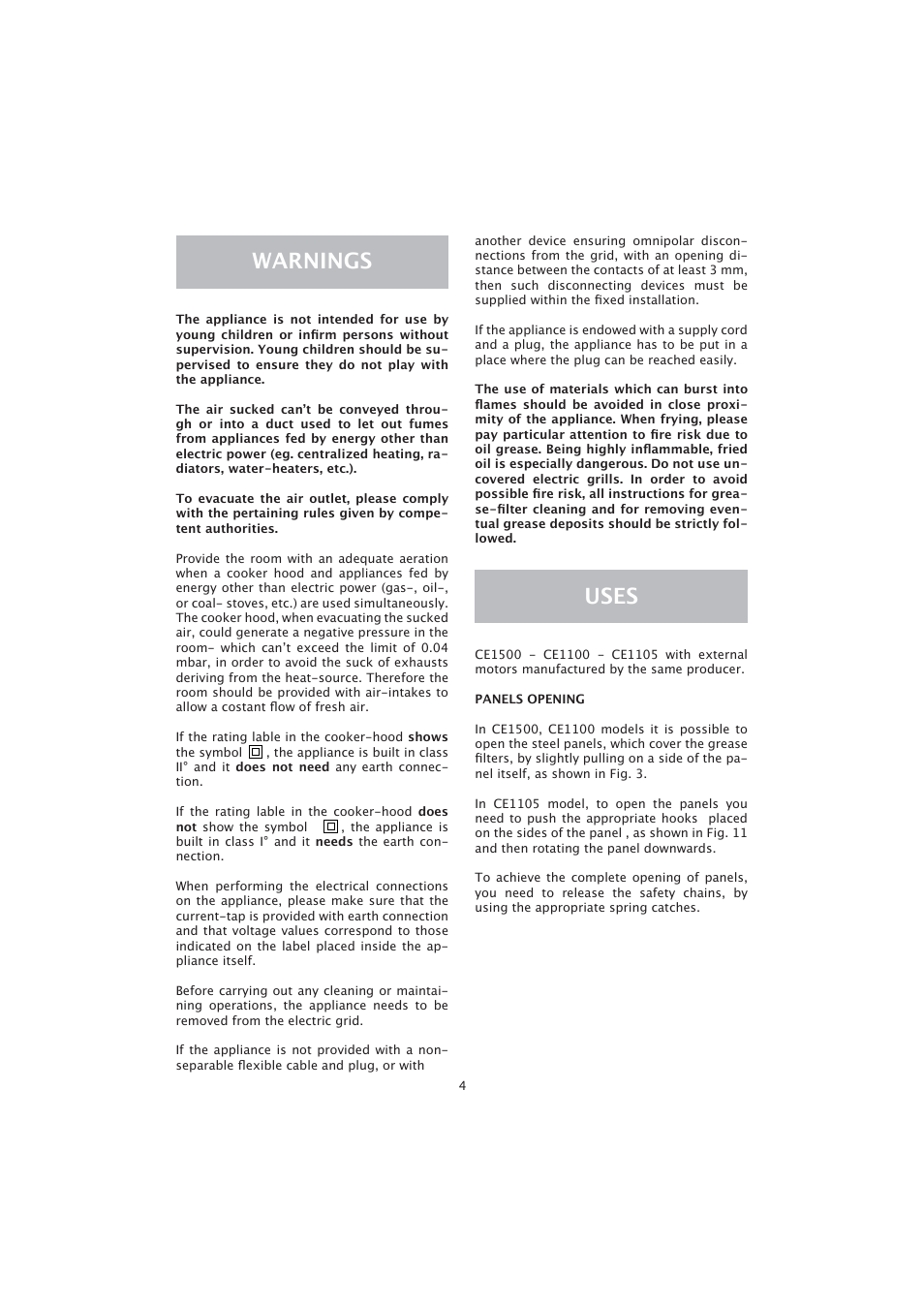 Warnings, Uses | Caple CE1105 User Manual | Page 4 / 12