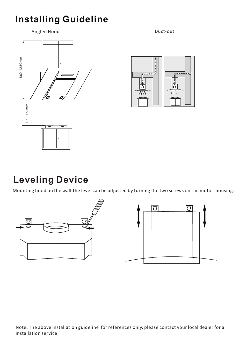 Installing guideline, Leveling device, Angled hood | Caple SP610BK User Manual | Page 6 / 13