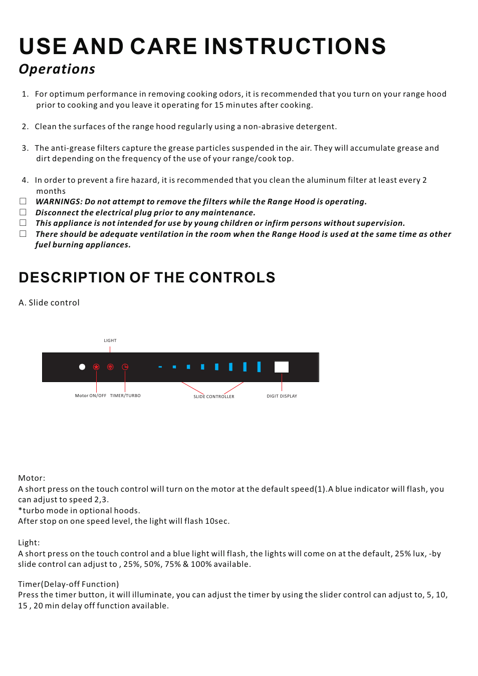 Use and care instructions, Operations, Description of the controls | Caple SP610BK User Manual | Page 8 / 13