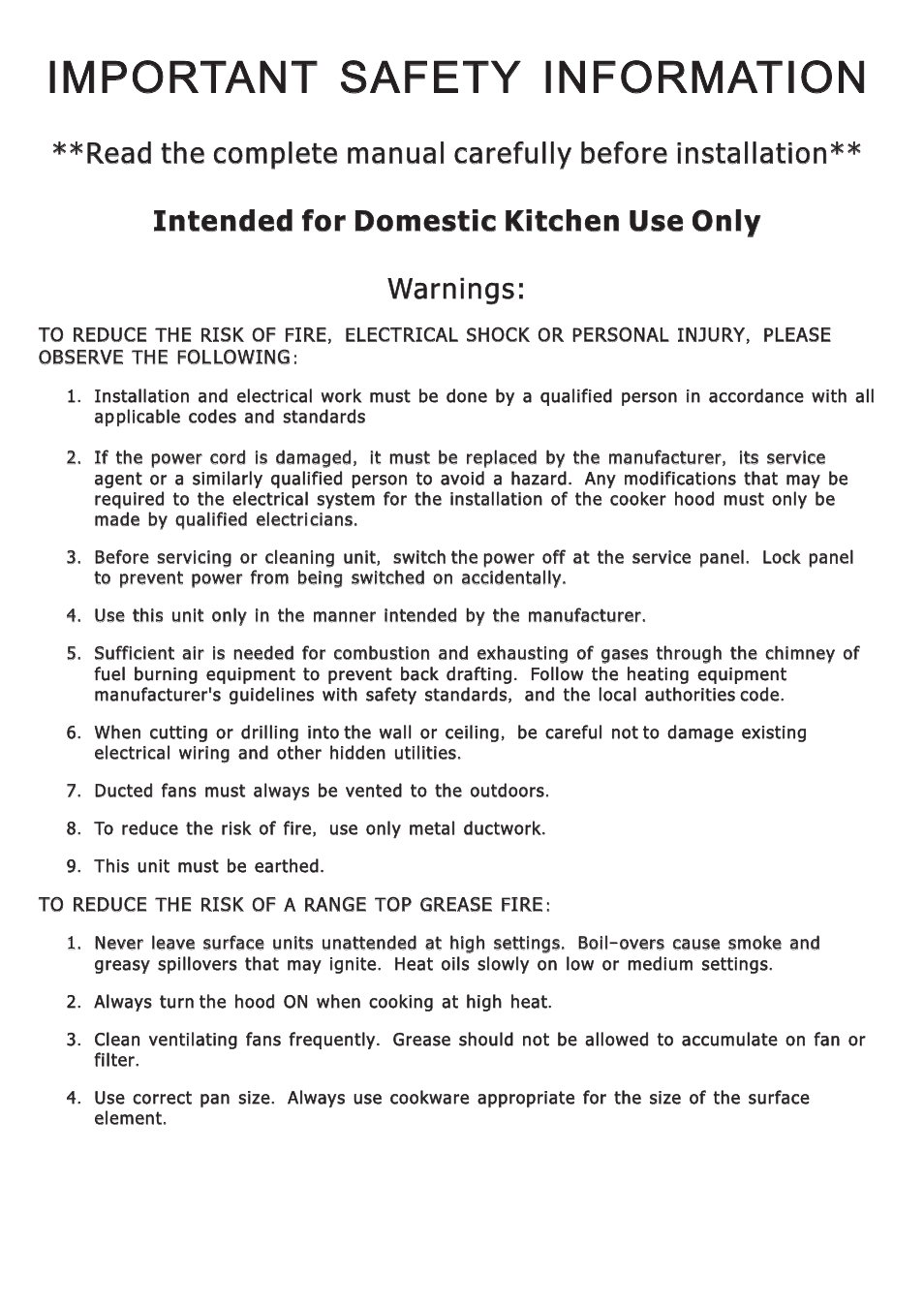 New range hoods user manual zc610zc910 20100810, Important safety information | Caple ZC620 User Manual | Page 2 / 13