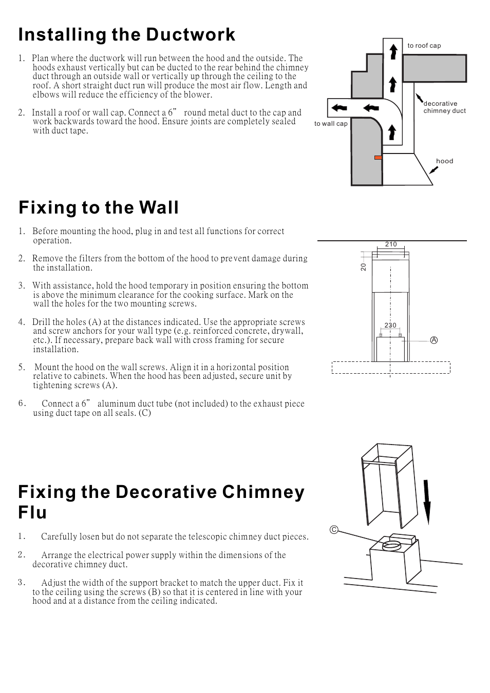 Installing the ductwork, Fixing to the wall, Fixing the decorative chimney flu | Caple ZC620 User Manual | Page 5 / 13