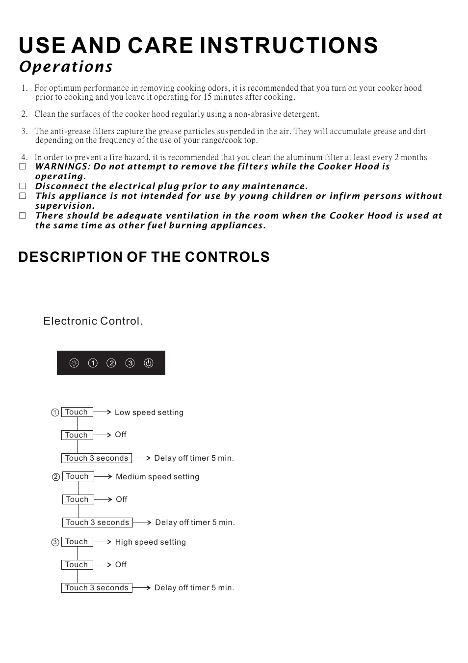 Use and care instructions, Operations, Description of the controls | Electronic control | Caple ZC620 User Manual | Page 8 / 13