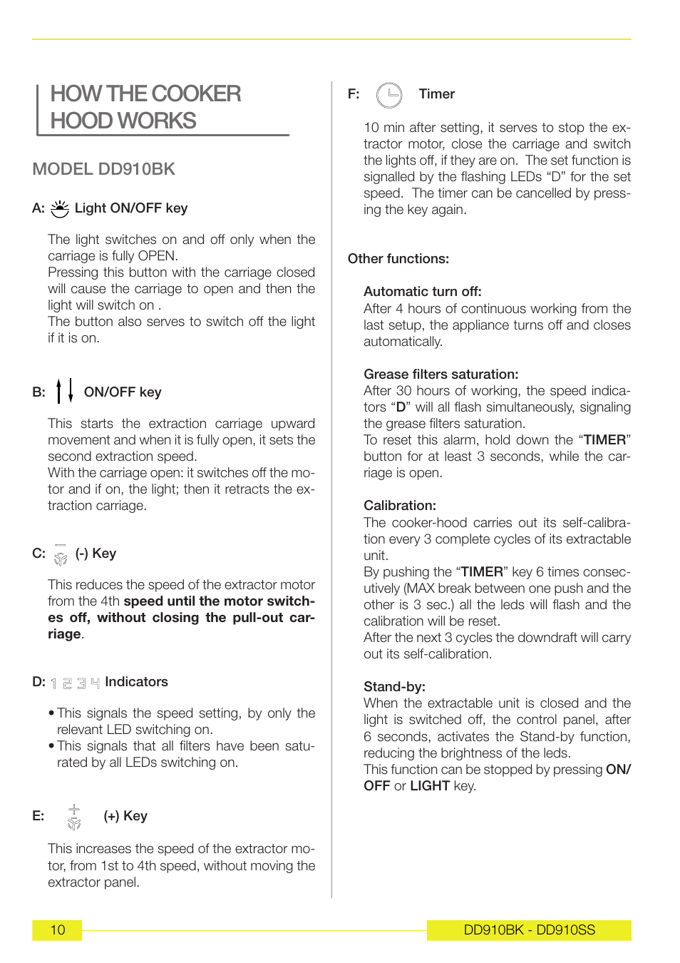 How the cooker hood works, Model dd910bk | Caple DD910BK User Manual | Page 11 / 38