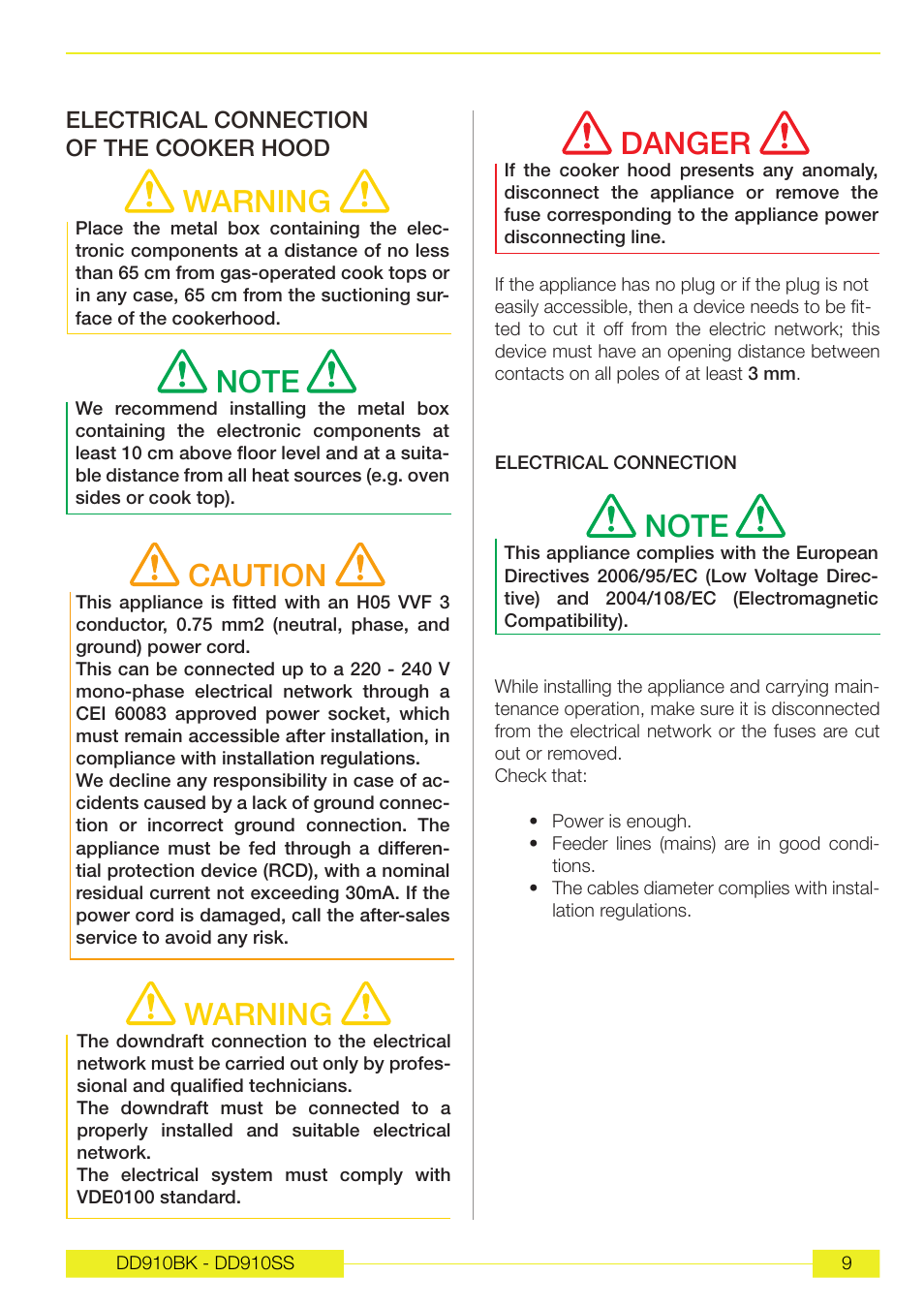 Warning, Caution, Danger | Caple DD910BK User Manual | Page 28 / 38