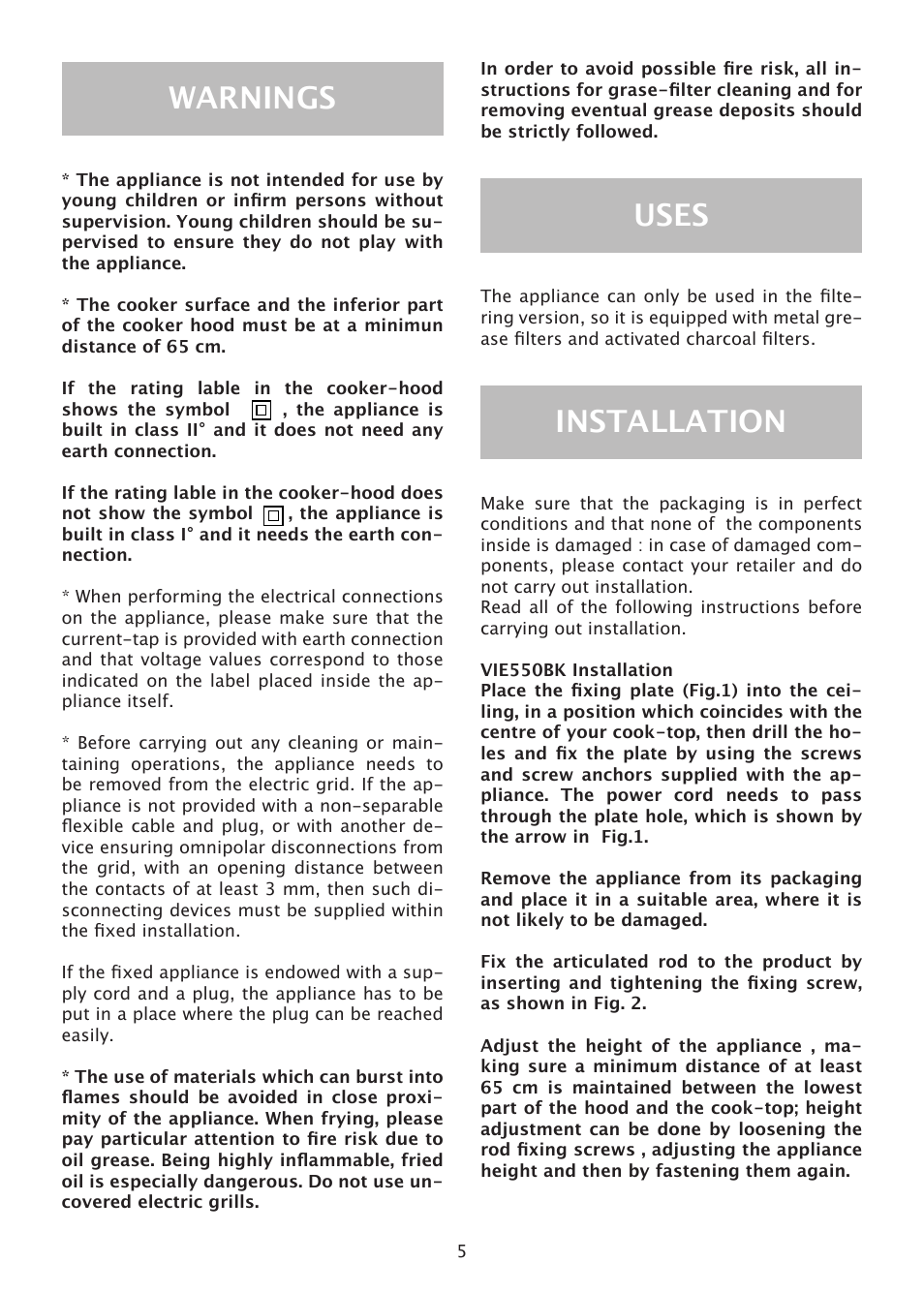 Warnings, Uses, Installation | Caple VE550BK User Manual | Page 5 / 12