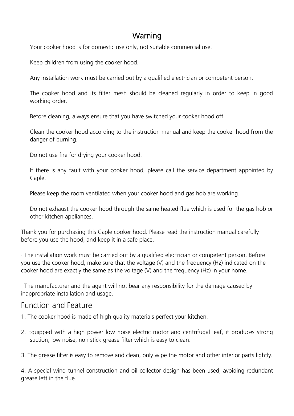 Warning, Function and feature | Caple 1MINCH7 User Manual | Page 2 / 10