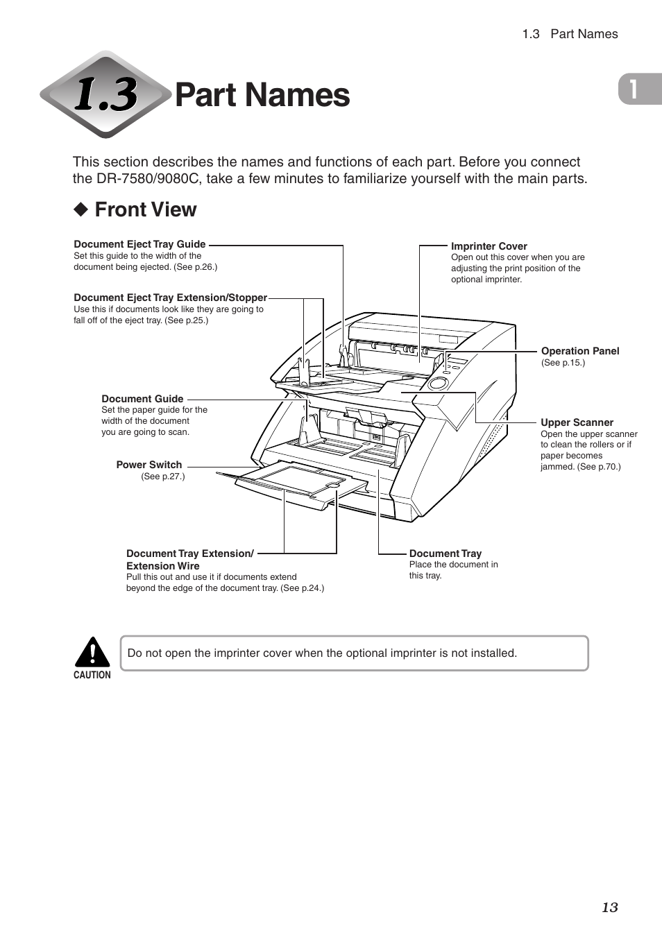 Part names, Front view | Canon DR-9080C User Manual | Page 17 / 110