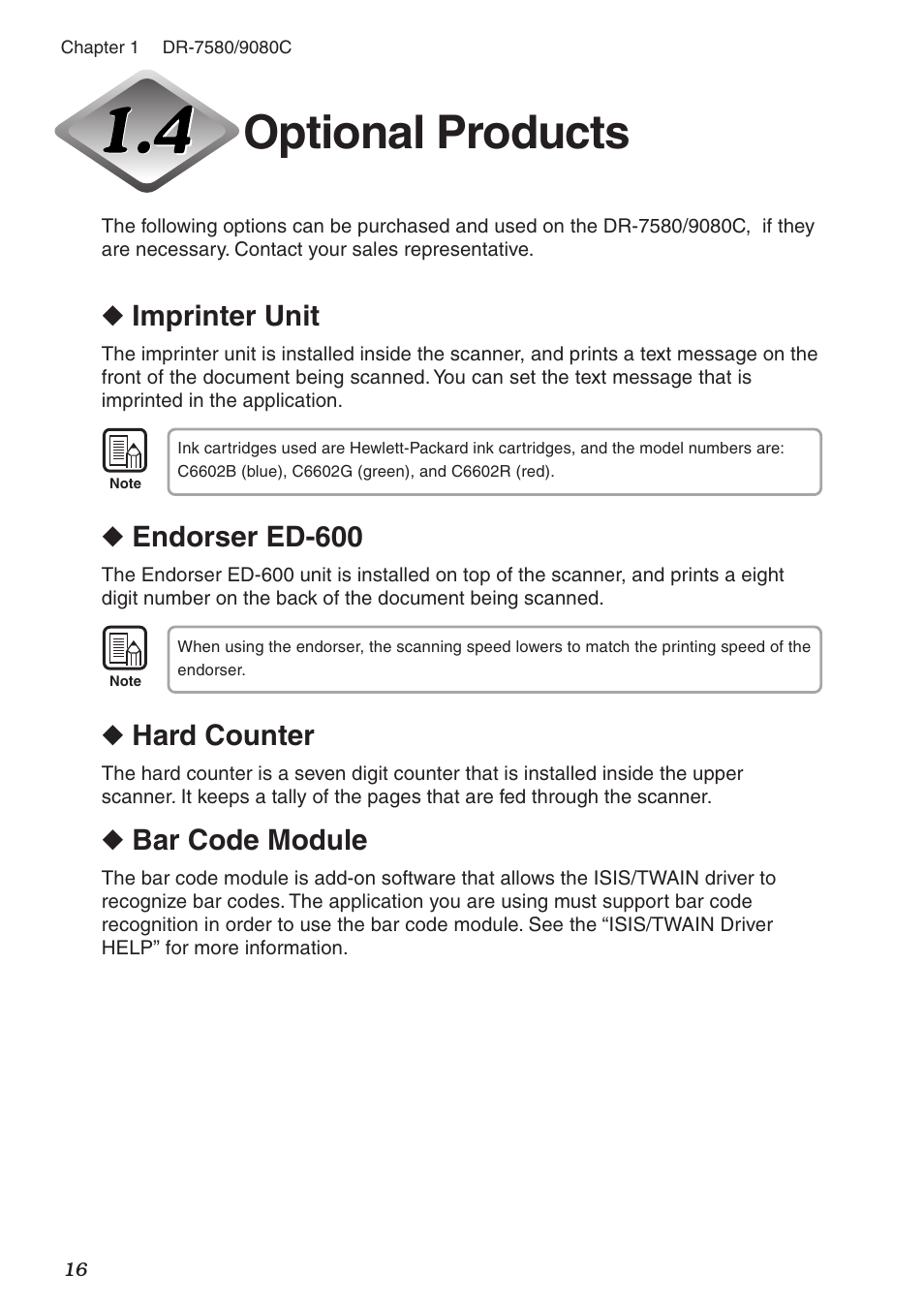 Optional products, Imprinter unit, Endorser ed-600 | Hard counter, Bar code module | Canon DR-9080C User Manual | Page 20 / 110