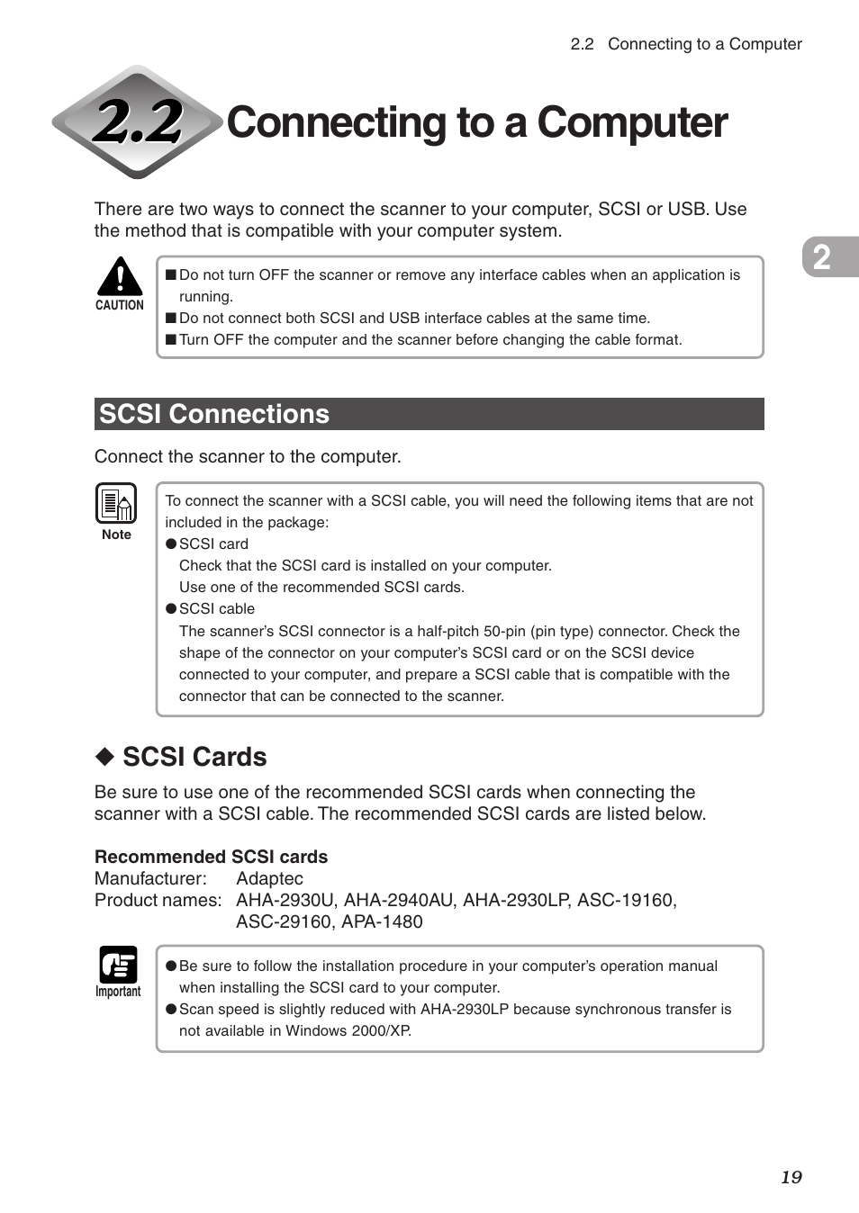 Connecting to a computer, Scsi connections, Scsi cards | Canon DR-9080C User Manual | Page 23 / 110