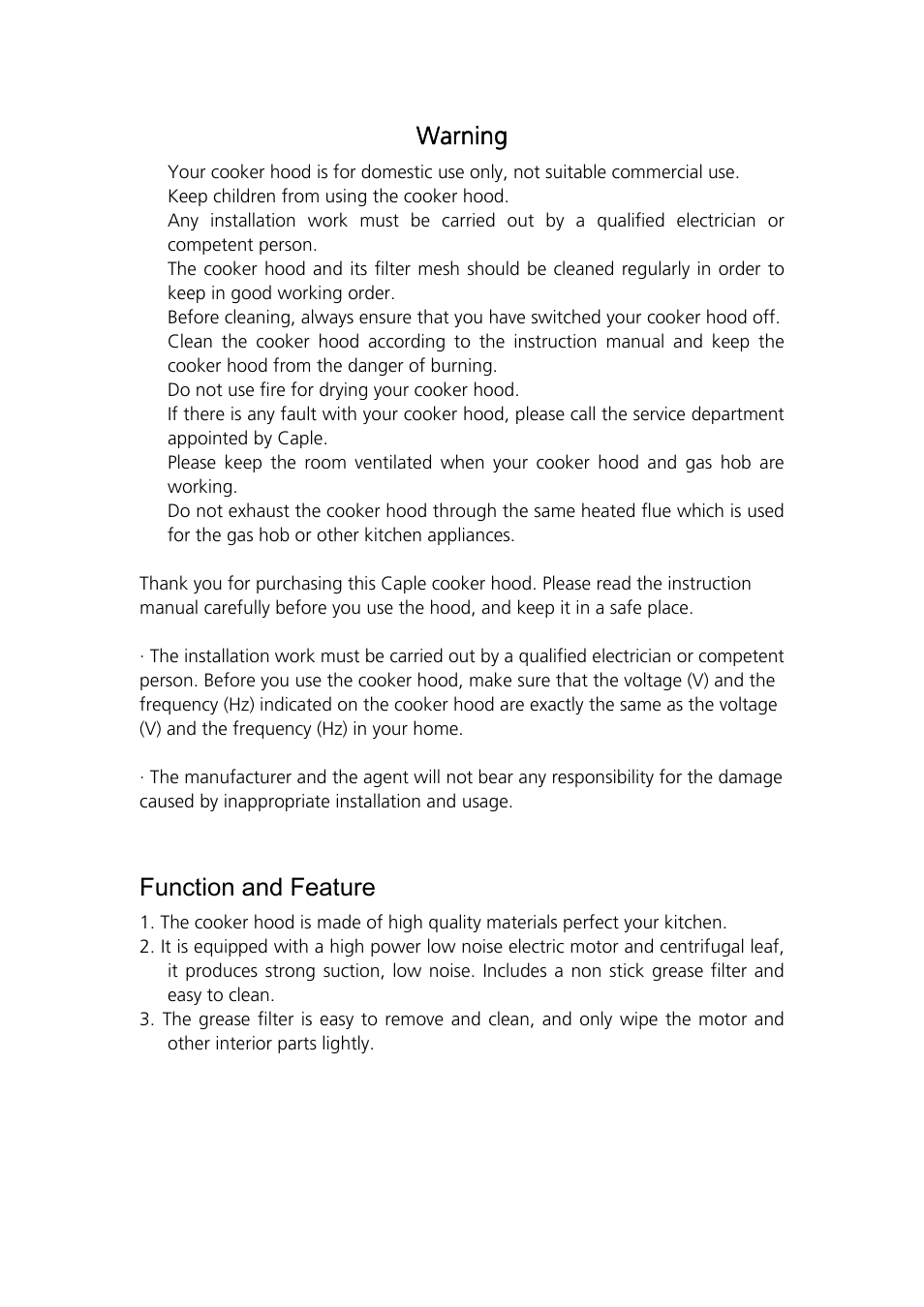 Warning, Function and feature | Caple FSCHSS User Manual | Page 2 / 8