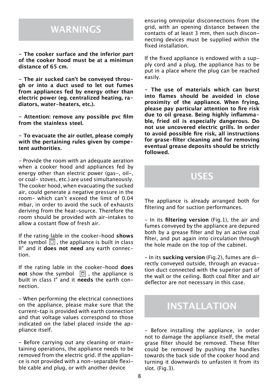 Warnings, Uses, Installation | Caple ST850SS User Manual | Page 4 / 8