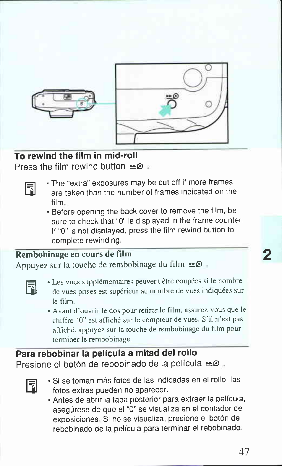 Press the film rewind button, Presione el botón de rebobinado de la película t | Canon 80 Tele User Manual | Page 47 / 84