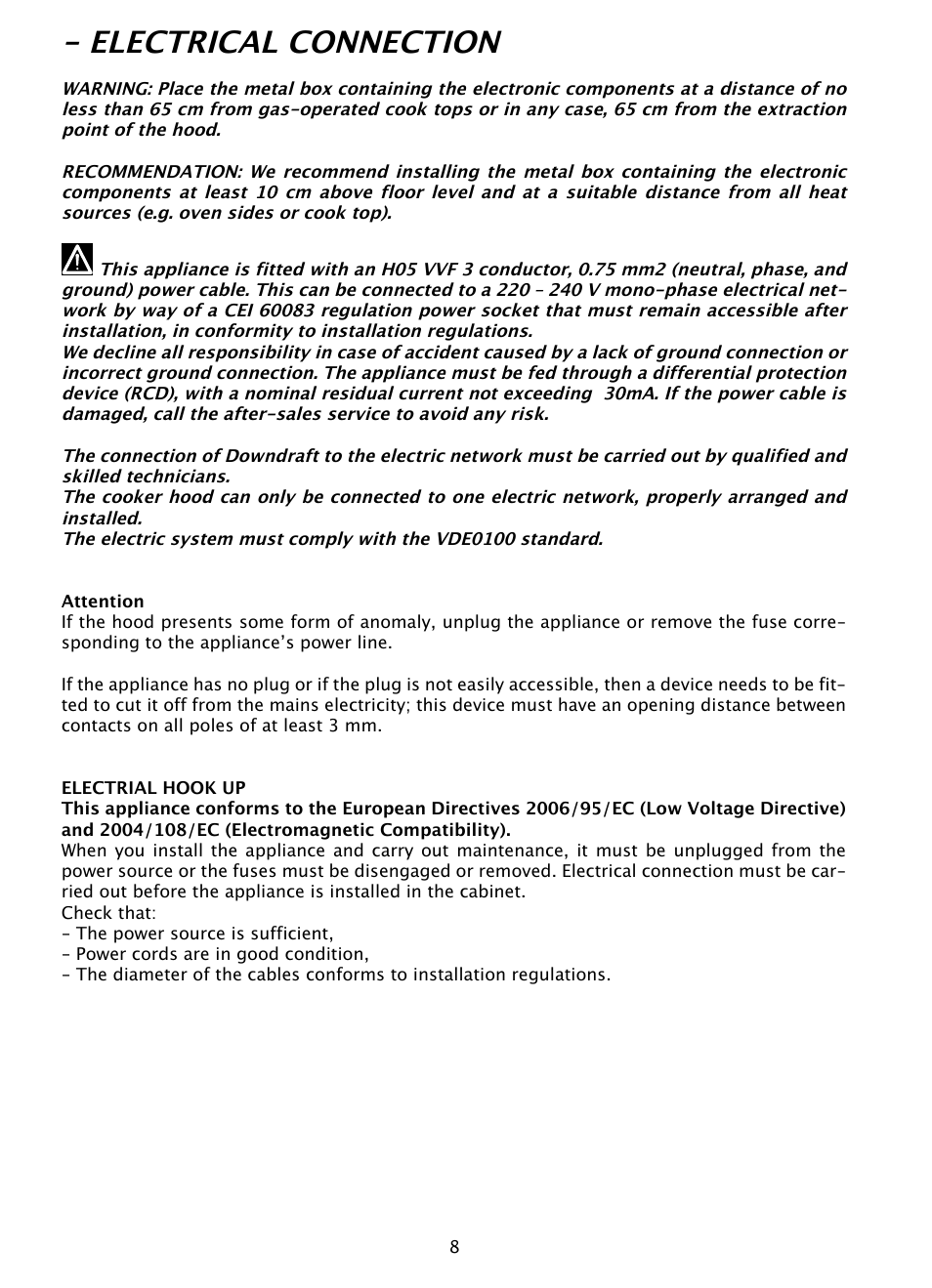 Electrical connection | Caple DD900 User Manual | Page 8 / 20