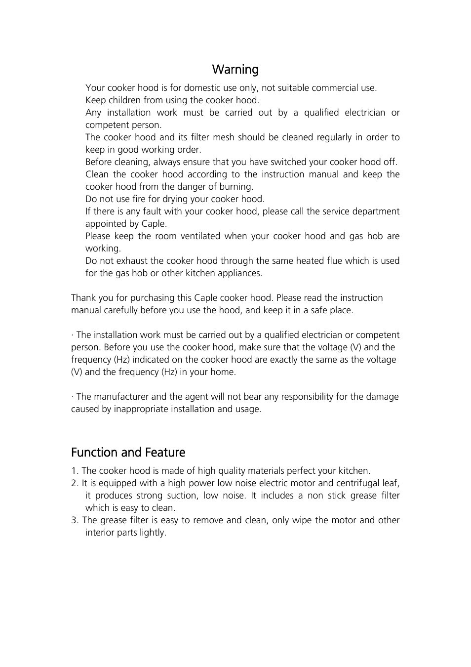 Warning, Function and feature | Caple AUF900 User Manual | Page 2 / 9