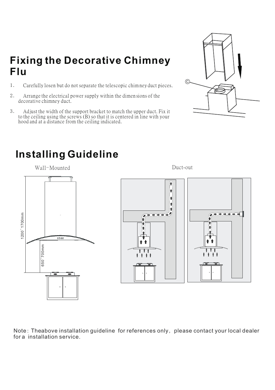 Installing guideline, Fixing the decorative chimney flu, Wall mounted - duct-out | Caple AS610BK User Manual | Page 6 / 13