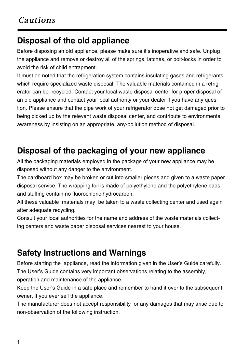 Disposal of the old appliance, Disposal of the packaging of your new appliance, Safety instructions and warnings | Cautions | Caple Ri552FF User Manual | Page 4 / 26