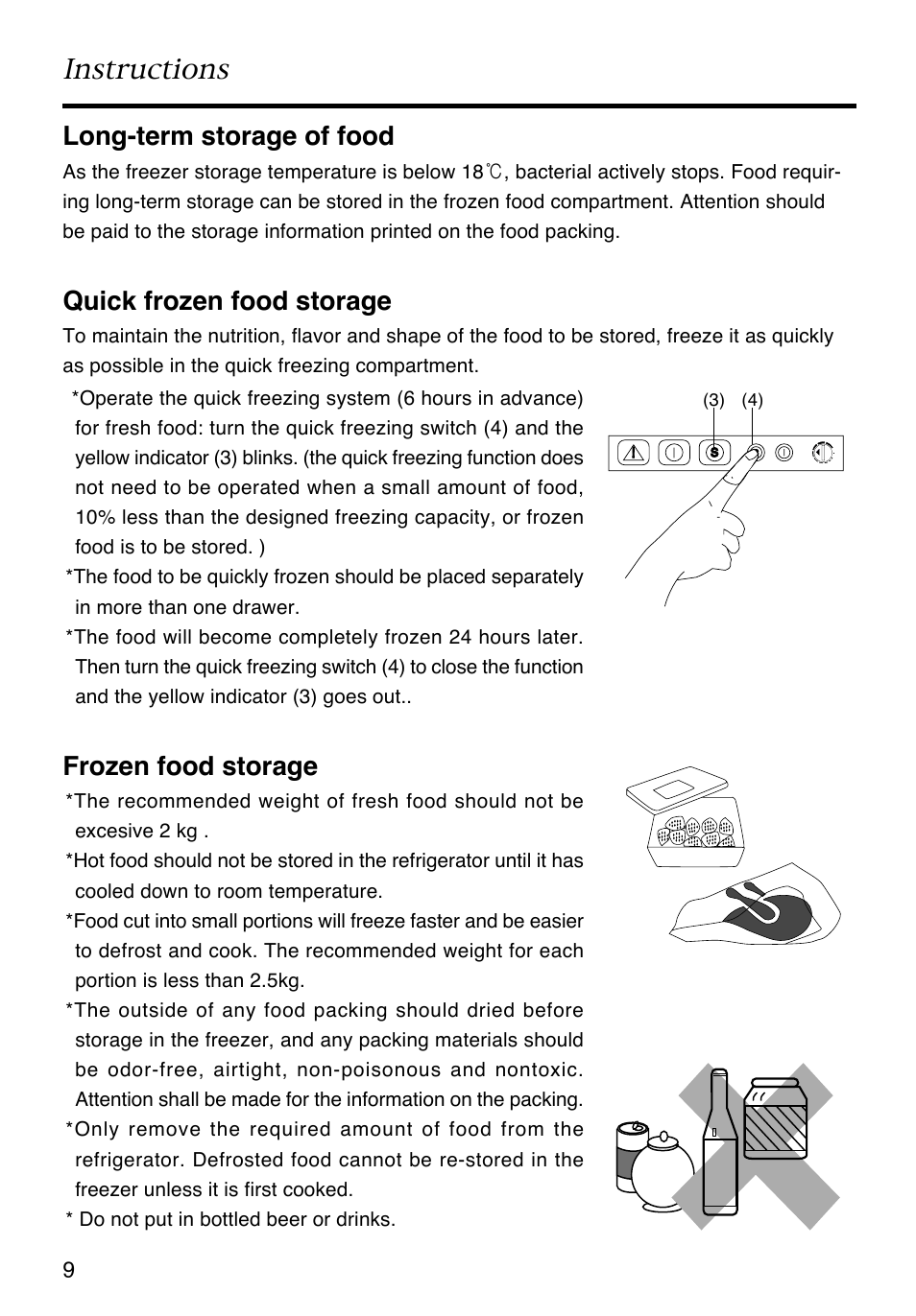 Instructions, Frozen food storage, Long-term storage of food | Quick frozen food storage | Caple RiF871 User Manual | Page 10 / 15