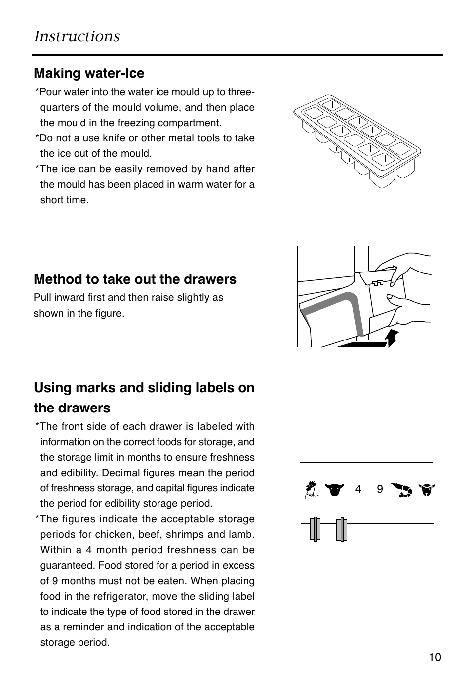 Instructions, Making water-ice, Method to take out the drawers | Using marks and sliding labels on the drawers | Caple RiF871 User Manual | Page 11 / 15