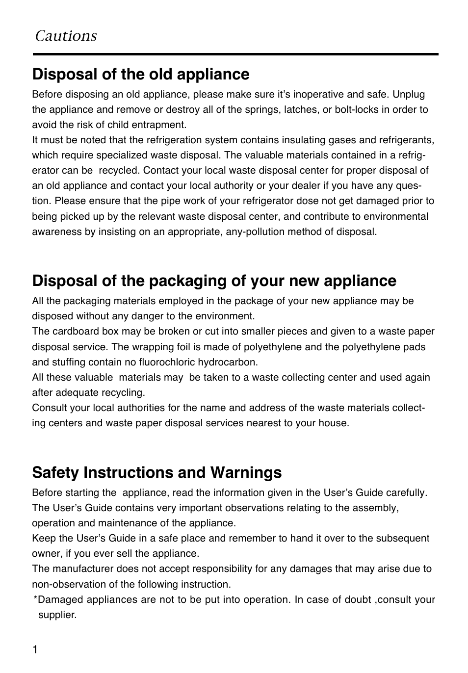 Disposal of the old appliance, Disposal of the packaging of your new appliance, Safety instructions and warnings | Cautions | Caple RiF871 User Manual | Page 2 / 15