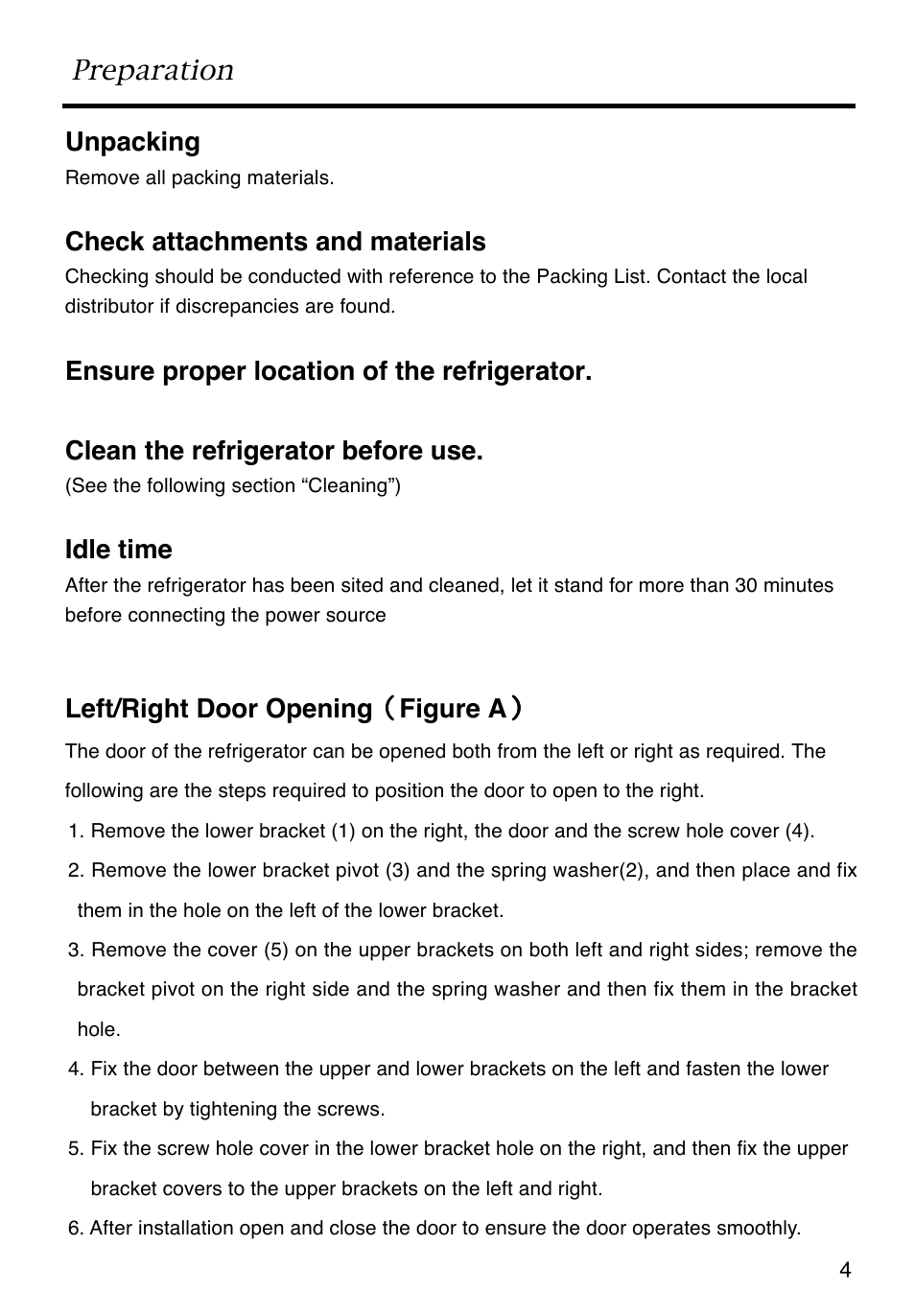 Preparation, Unpacking, Check attachments and materials | Idle time, Left/right door opening （ （ （ （ （ figure a | Caple RiF871 User Manual | Page 5 / 15